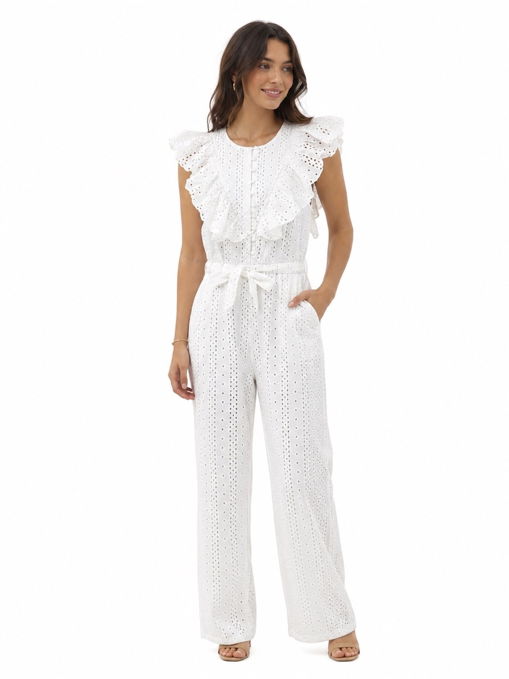 NWT Urban Outfitters White Magnolia Eyelet Ruffle Button Up Jumpsuit Size Small
